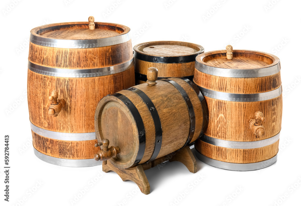 Oak barrels with metal hoops isolated on white background