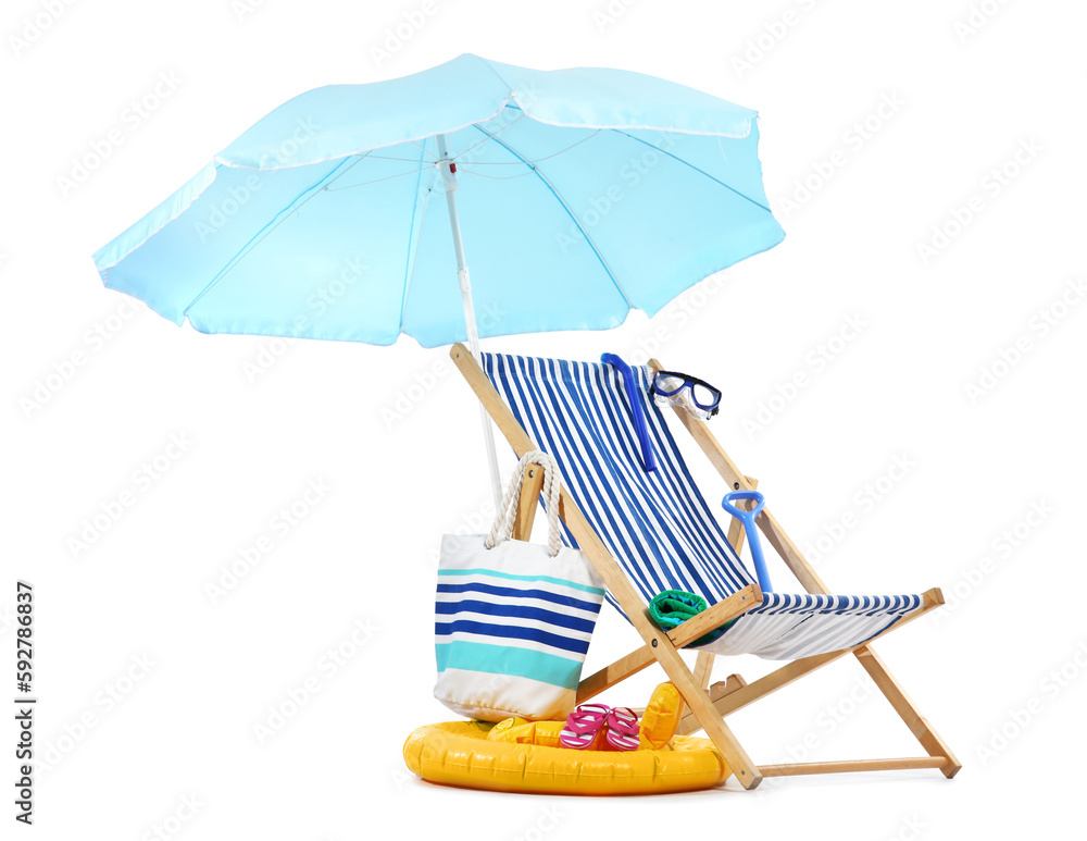 Deck chair, blue umbrella and beach accessories isolated on white background