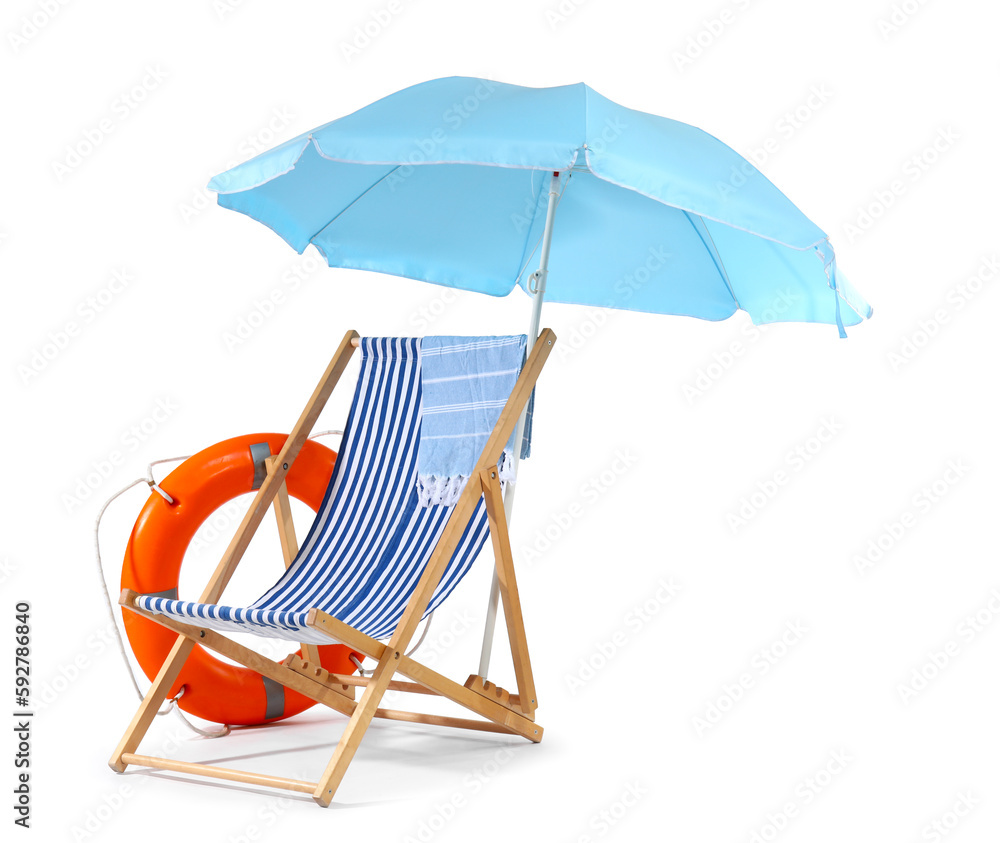 Deck chair, blue beach umbrella and ring buoy isolated on white background