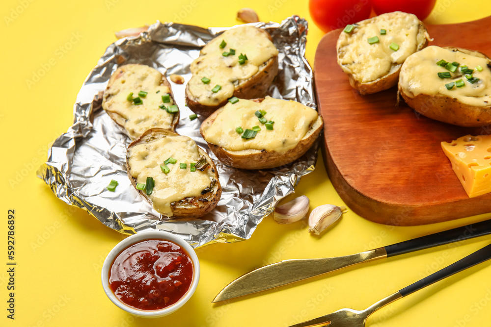 Aluminium foil with tasty baked potato and sauce on yellow background