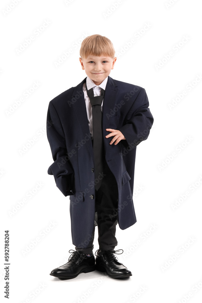 Funny little businessman in big jacket on white background