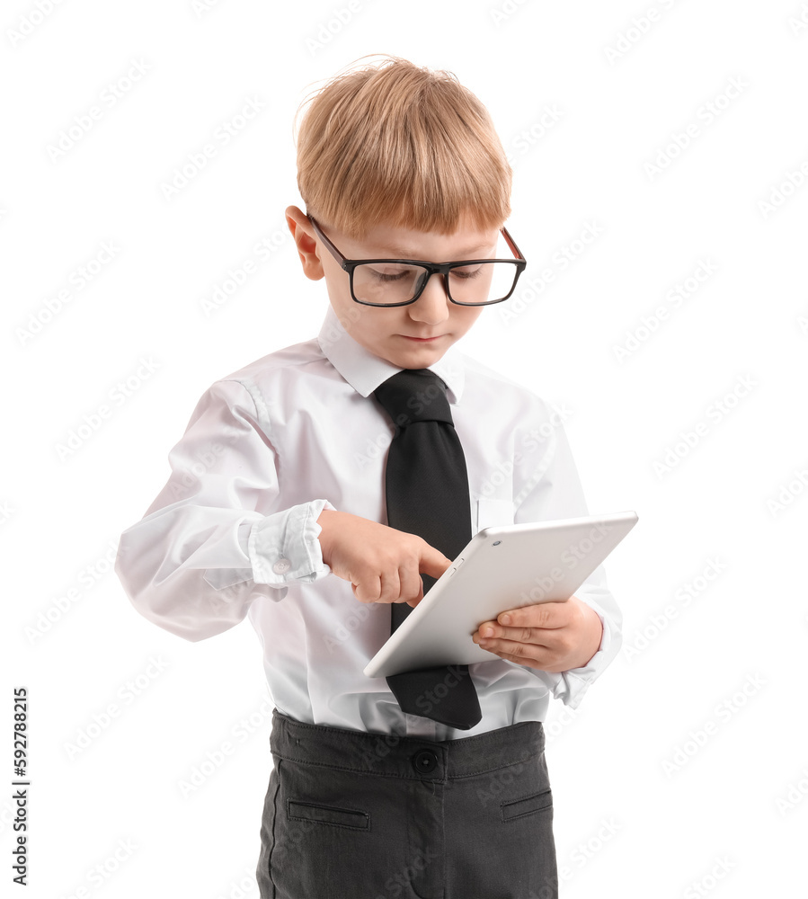 Funny little businessman using tablet computer on white background