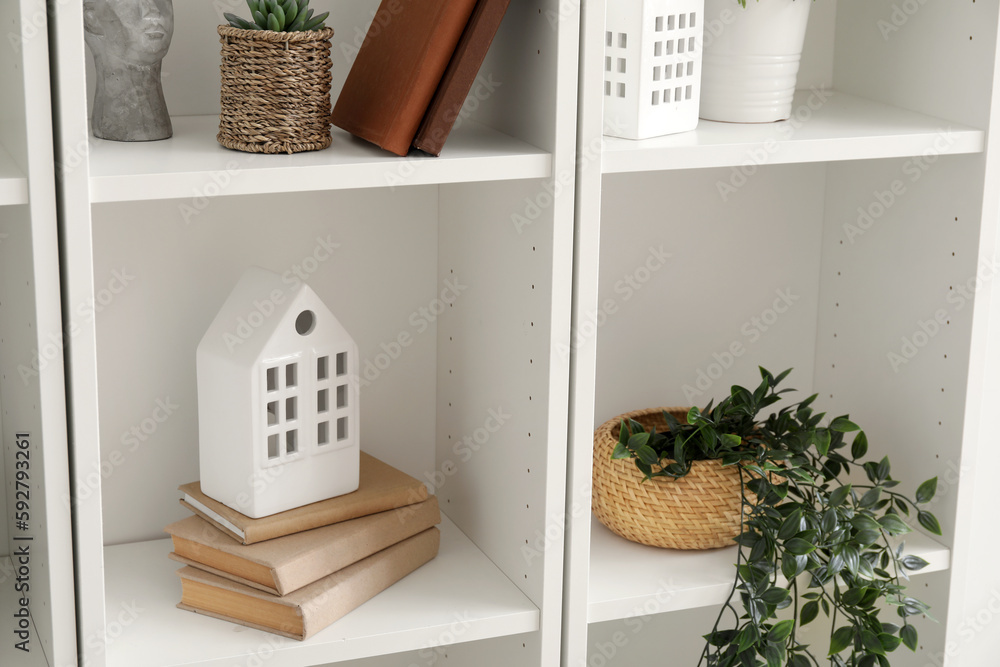 Bookcase with artificial plants and decor, closeup