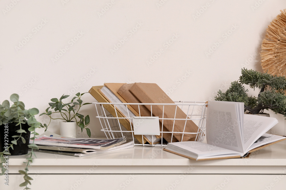 Artificial plants with books and magazines on shelf near light wall