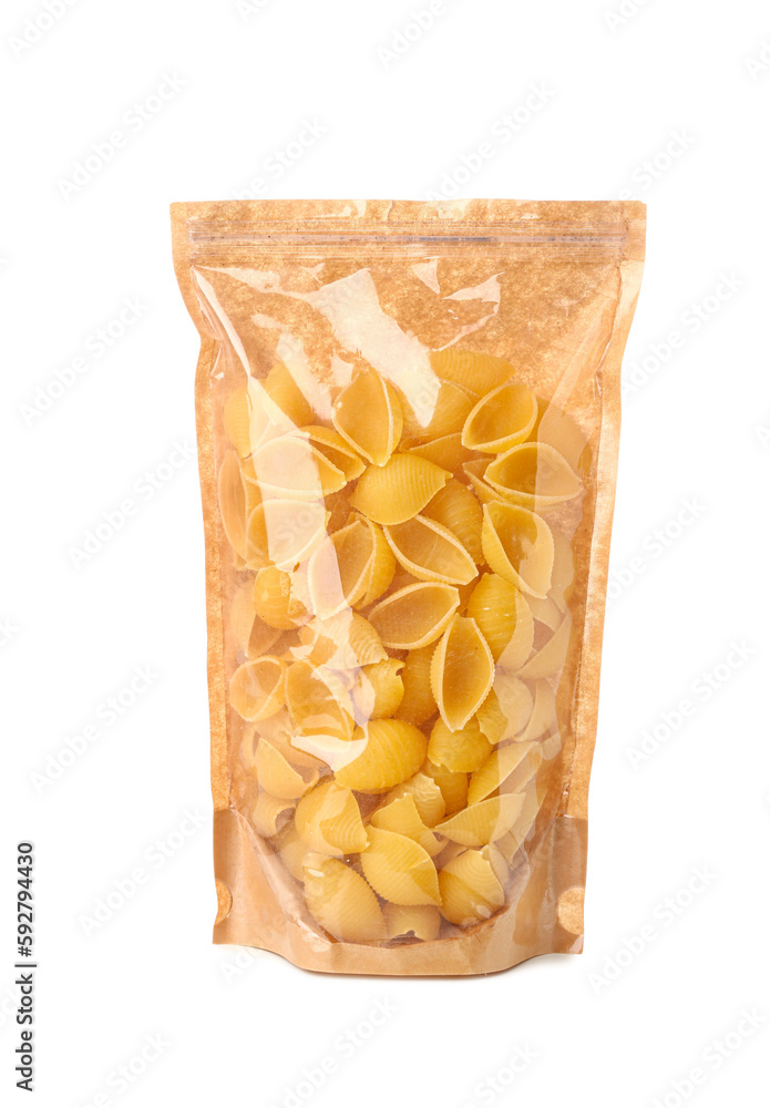 Package of raw conchiglie pasta isolated on white background