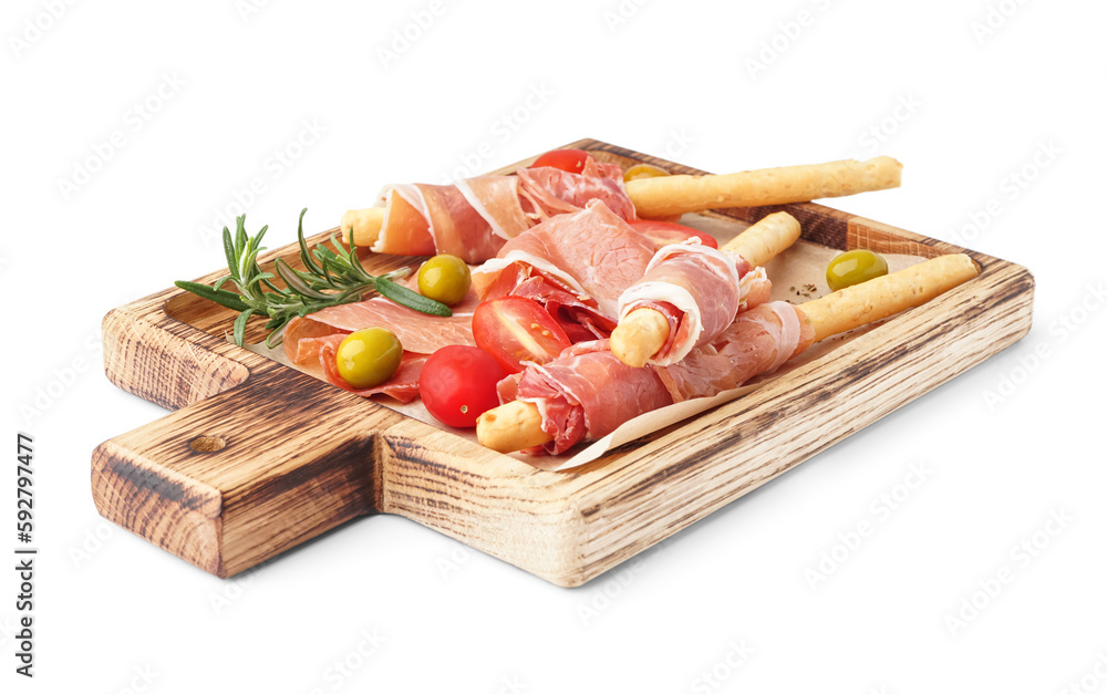 Wooden board of tasty Italian Grissini with jamon on white background