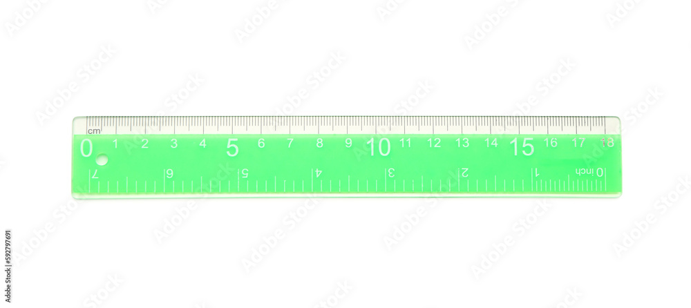 Green plastic ruler on white background