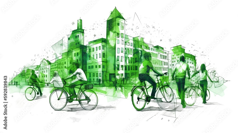 Bike sharing concept in an urban environment with modern buildings and diverse people adopting a gre