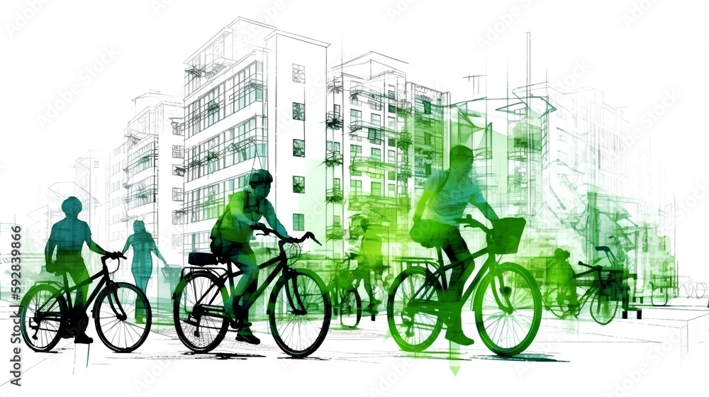 Bike sharing concept in an urban environment with modern buildings and diverse people adopting a gre