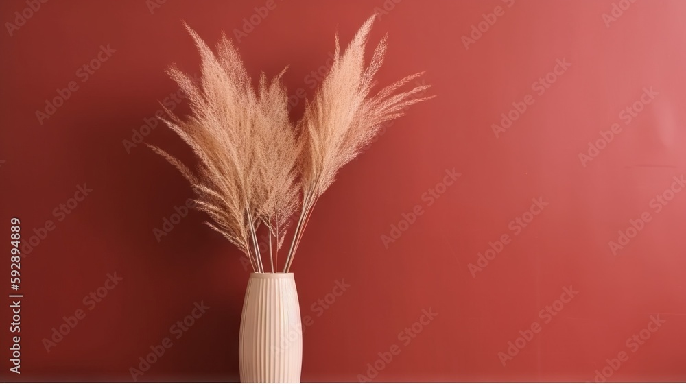 Vase with decorative plant branch against red wall background. Minimalist interior mockup. Generativ