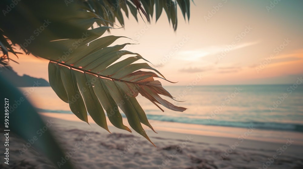 Tropical summer seascape with palm leaves, beach and paradise ocean on sunset. Generative AI