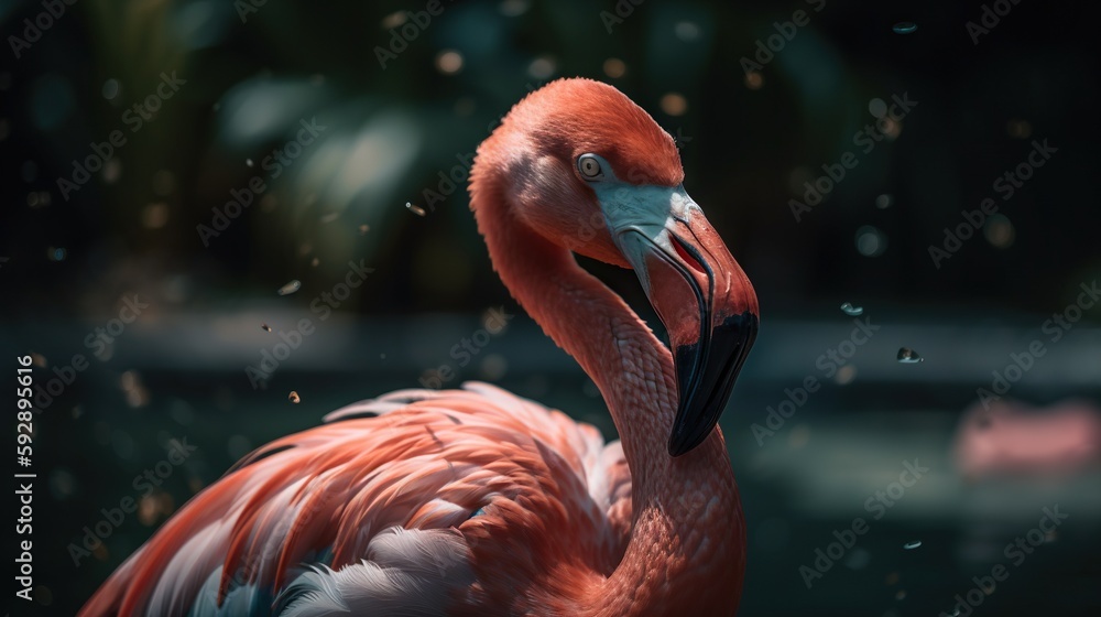 Pink flamingo close up standing with forest background. Generative AI