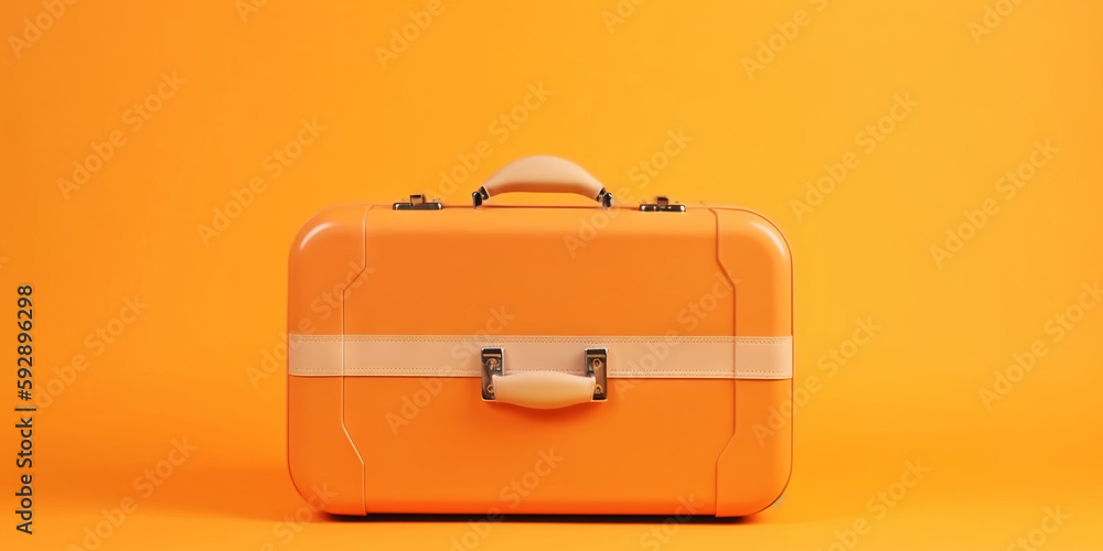 Orange travel suitcase, on orange background. Trip concept. Generative AI