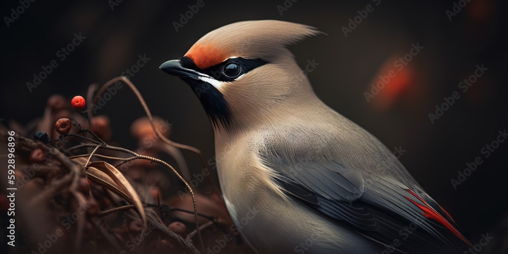 A Bohemian Waxwing bird stands on a tree branch. Generative AI