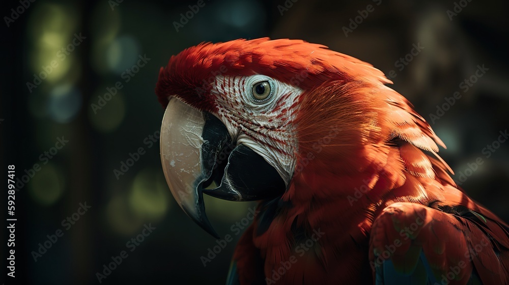 Scarlet macaw parrot on forest background. Generative AI