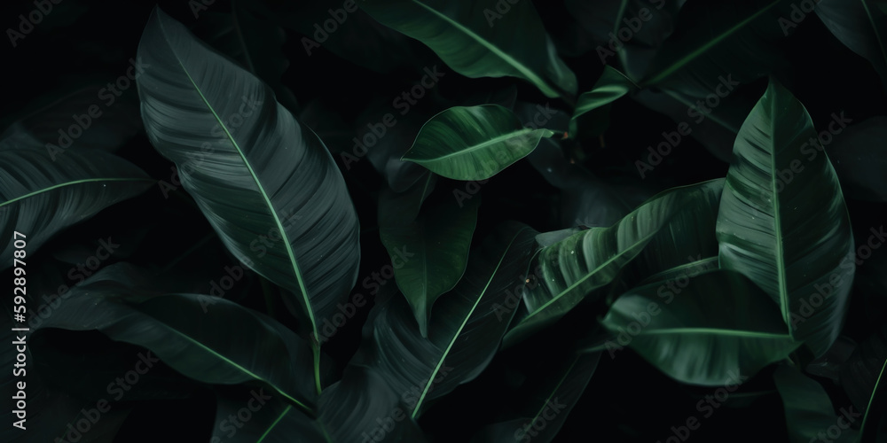 closeup nature view of green leaf and palms background. Flat lay, dark nature concept, tropical leaf