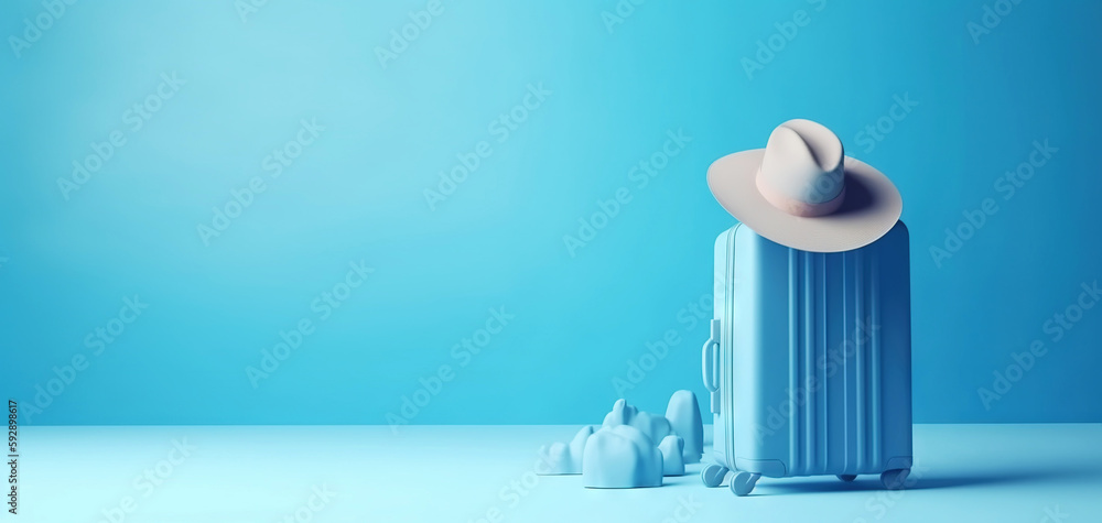 Blue travel suitcase with wheels, straw hat, on uniform blue background. Trip concept. Generative AI