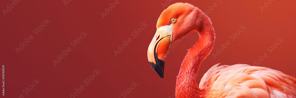 Flamingo profile on a red uniform background. Beautiful colorful bird. Generative AI