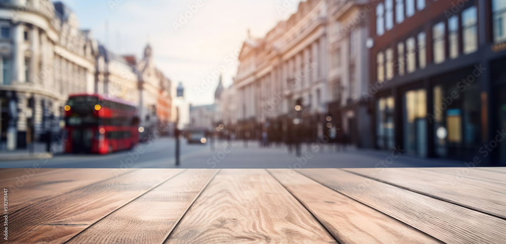 Wood table mockup with London city street in shallow depth of field. Copy space for product. Generat