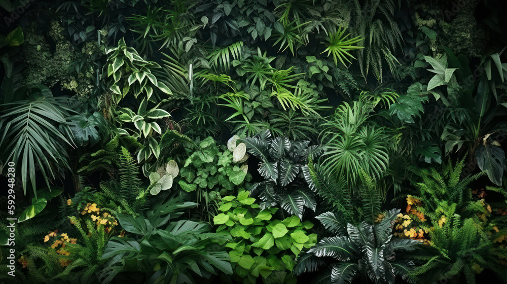 Vertical garden with tropical green leaf, contrast ai generated