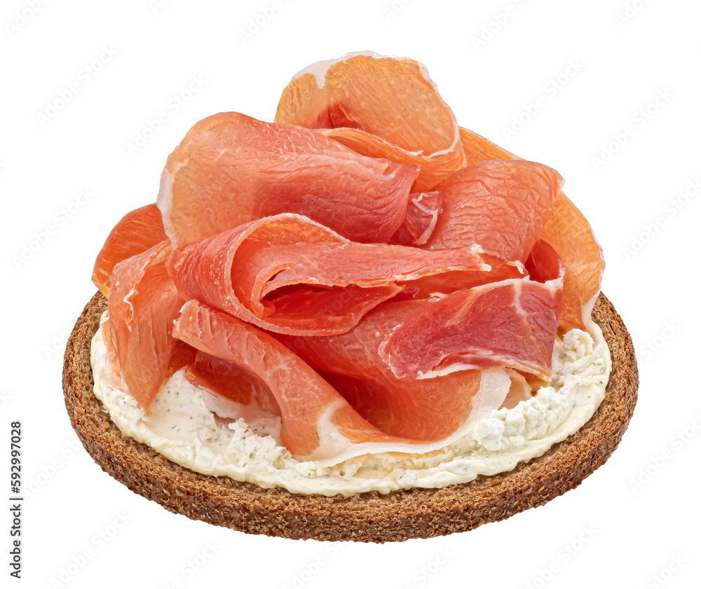 Italian prosciutto crudo bruschetta isolated on white background