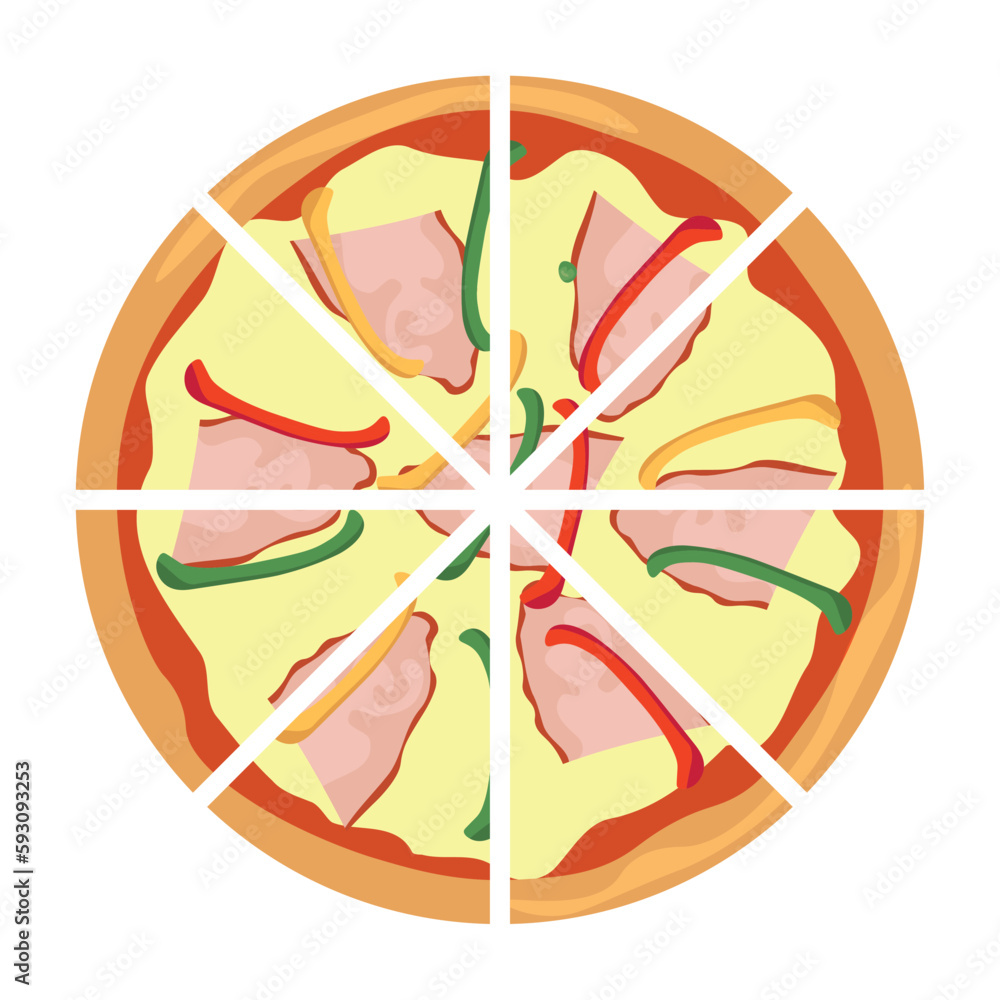 Cut pizza on white background, top view