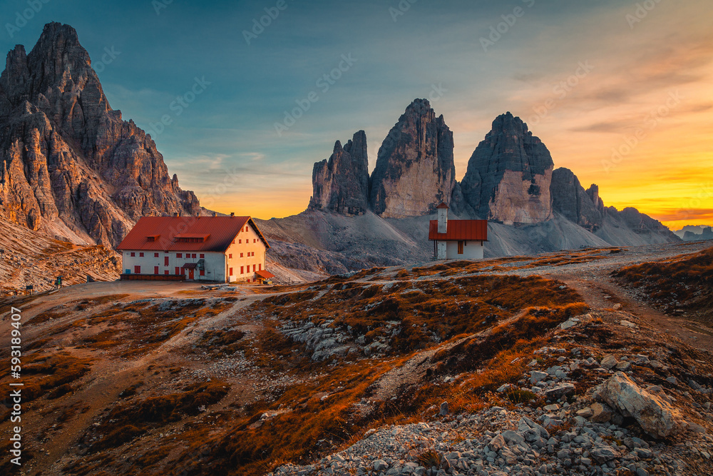 Majestic Tre Cime di Lavaredo peaks at sunset, Dolomites, Italy