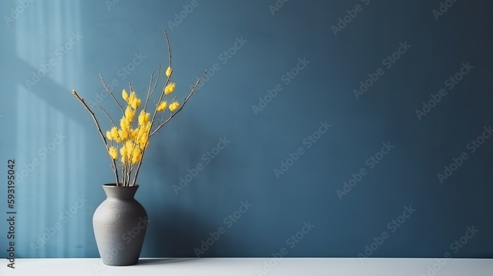 Vase with decorative plant branch against blue wall background. Minimalist interior mockup. Generati