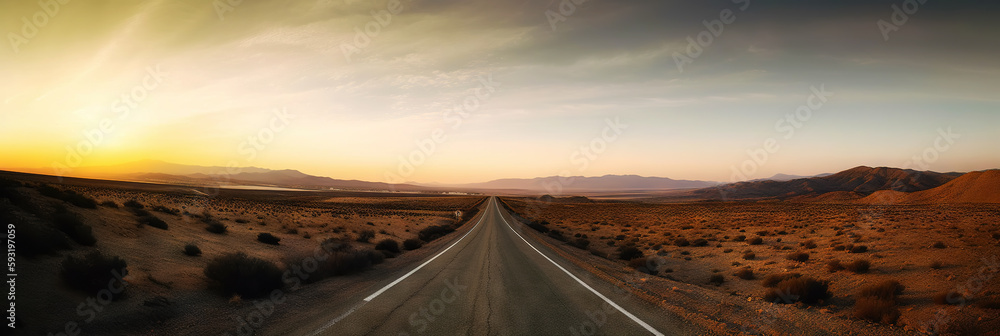 Road to horizon in desert landscape on sunset. Travel concept. Generative AI