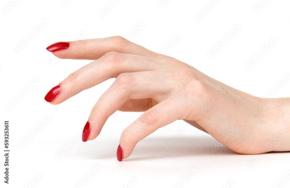 Woman hand with red nails side view