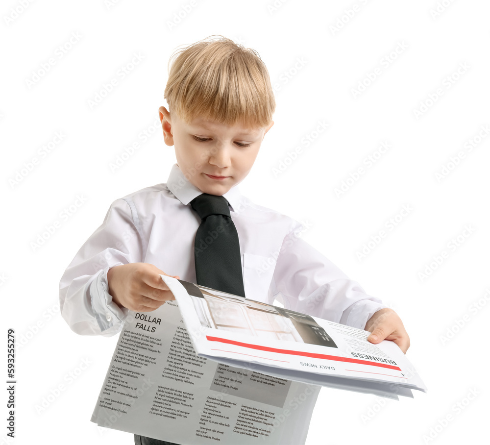 Funny little businessman reading newspaper on white background