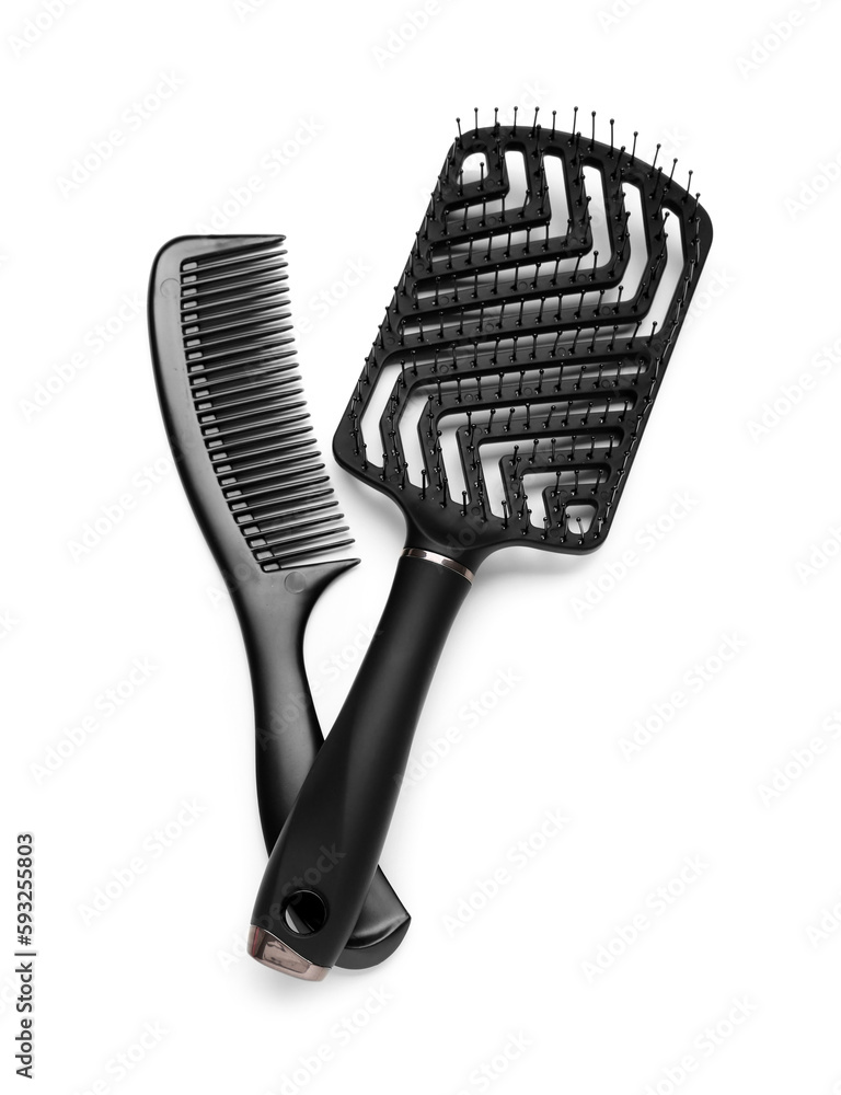 Professional hair brushes on white background