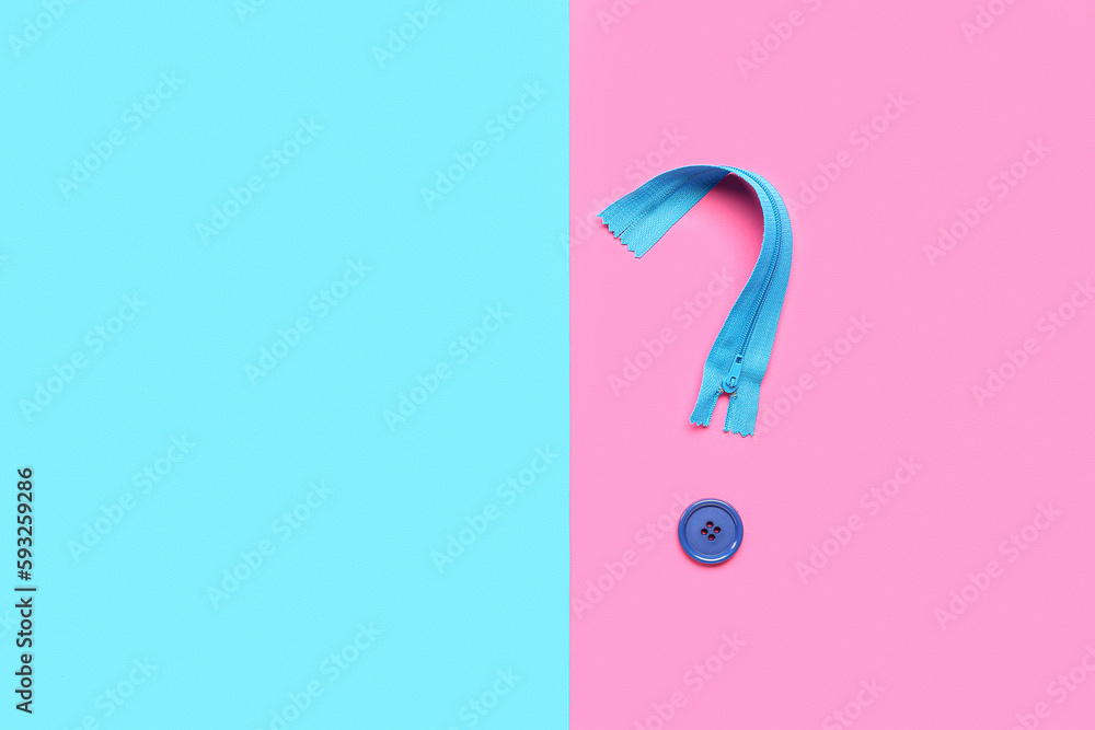 Question mark made of zip and button on color background