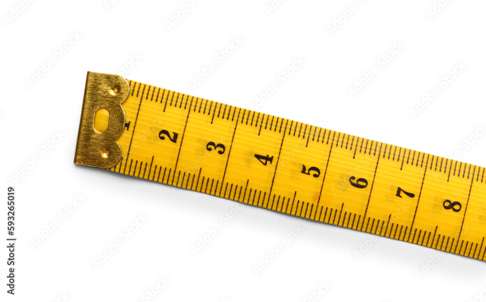 Yellow measuring tape on white background