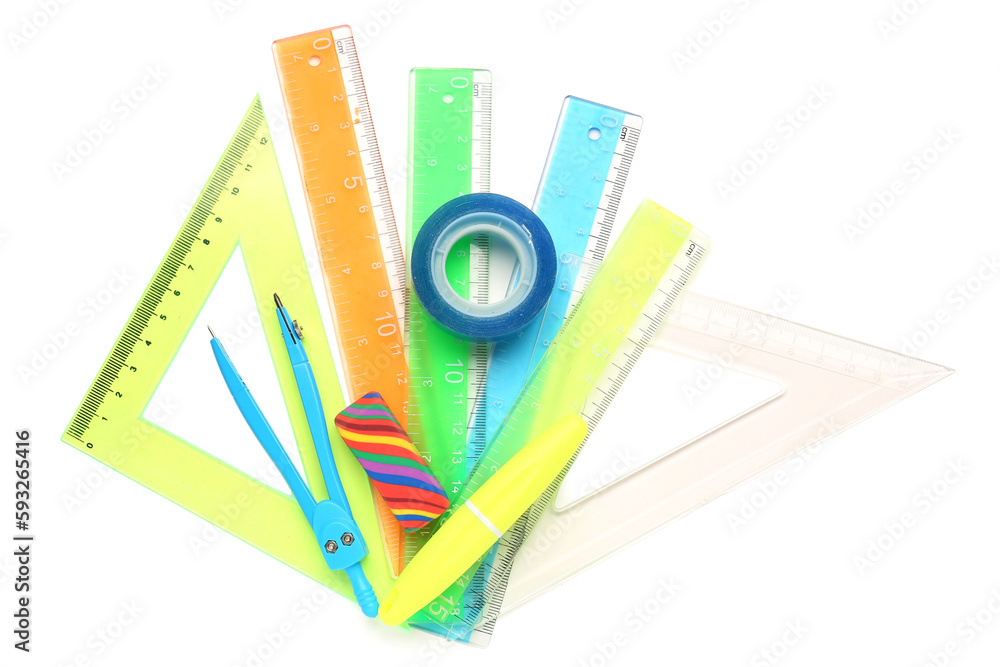 Colorful stationery supplies on white background