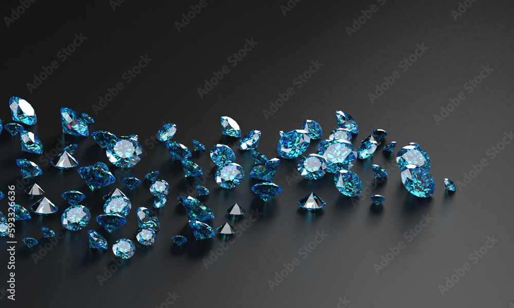 Group of Blue diamond sapphire placed on glossy background 3d rendering