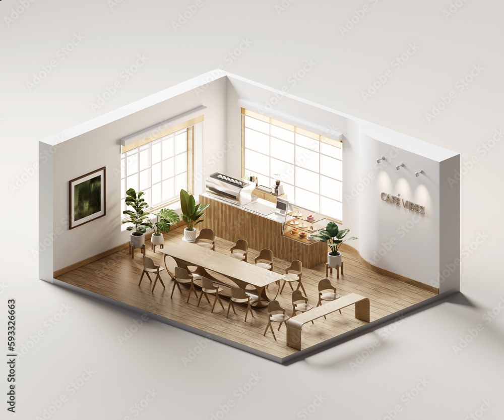 Isometric view minimal cafe store open inside interior architecture, 3d rendering digital art.