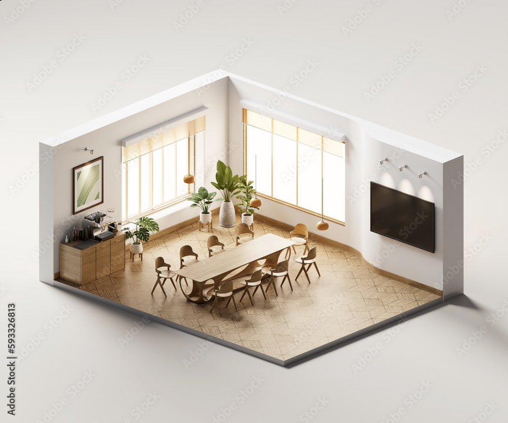 Isometric view meeting room muji style open inside interior architecture, 3d rendering digital art.