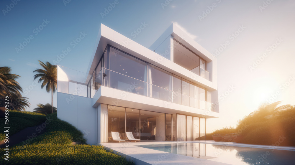 White modern villa. Illustration AI Generative.