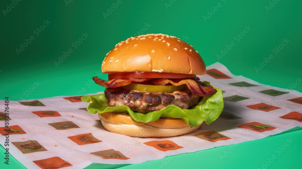 Burger on vivid background. Illustration AI Generative.