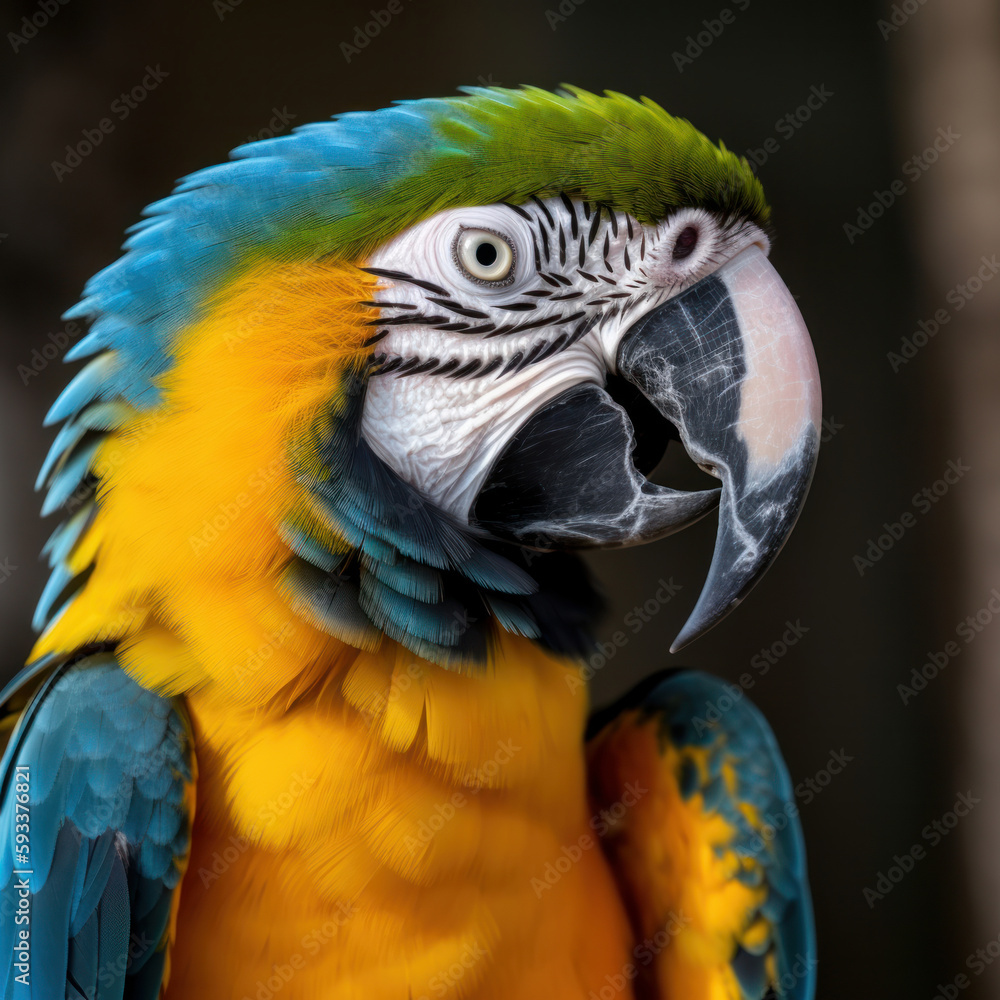 Colorful blue and yellow macaw parrot Ara ararauna. Illustration AI Generative.