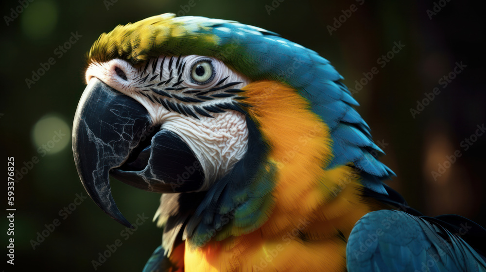 Colorful blue and yellow macaw parrot Ara ararauna. Illustration AI Generative.