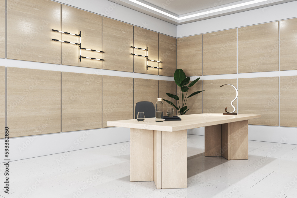 Contemporary light concrete and wooden office interior with furniture, lamps and decorative items. 3