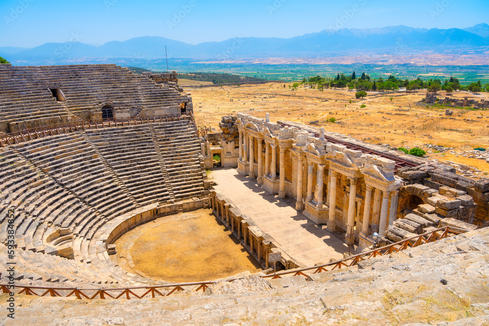 Hierapolis, Pammukale, Turkey. Ancient amphitheater. Panoramic landscape in the daytime. UNESCO Heri