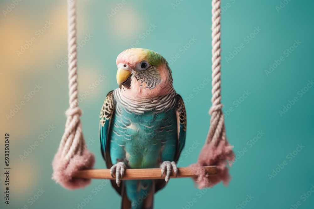 Cheerful Domesticated Bird. Small and energetic parakeet with colorful wings on pastel background. C