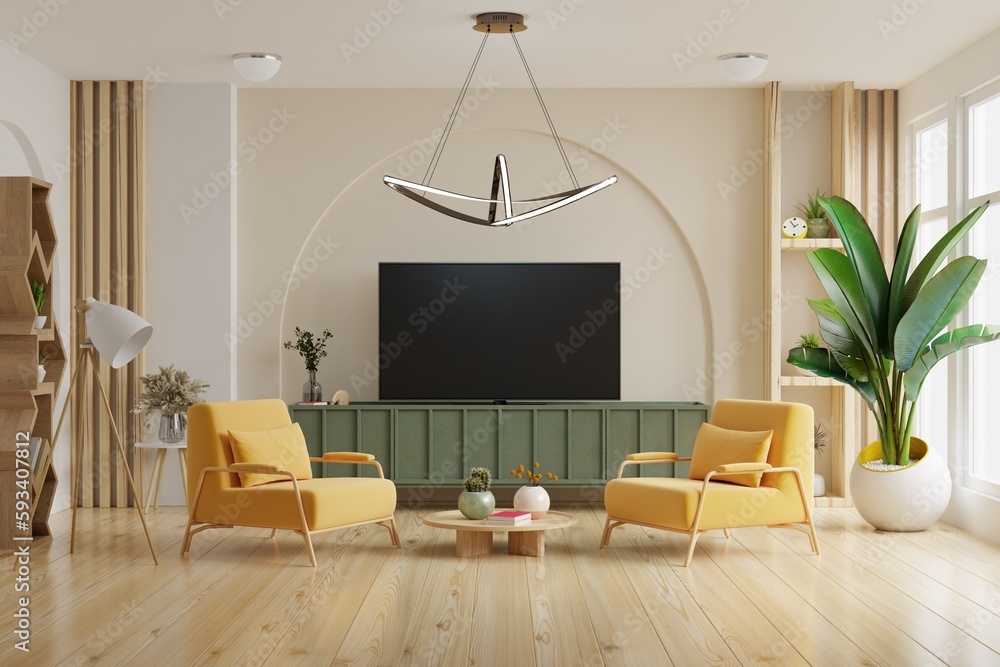 Mockup a TV on green cabinet with yellow armchair in living room with a white wall.