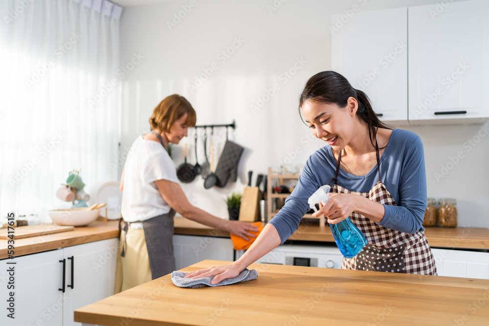 Caucasian senior elderly woman cleaning kitchen in house with daughter.