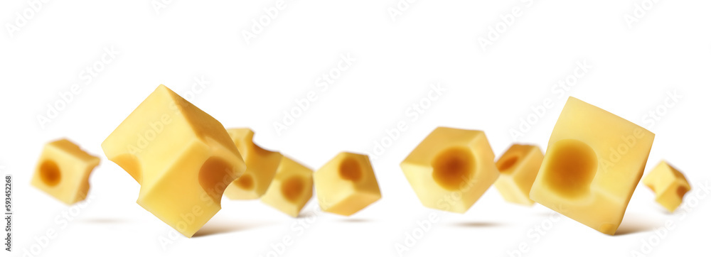 Pieces of cheese on a blurred white background