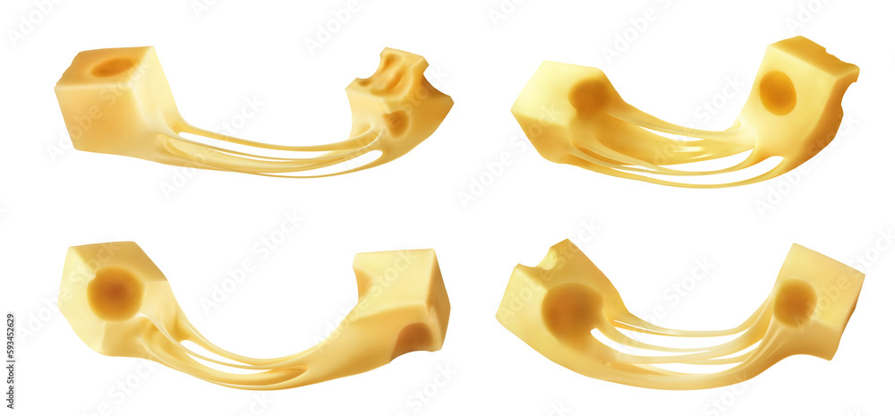 Melted pieces of cheese in the air on a white background