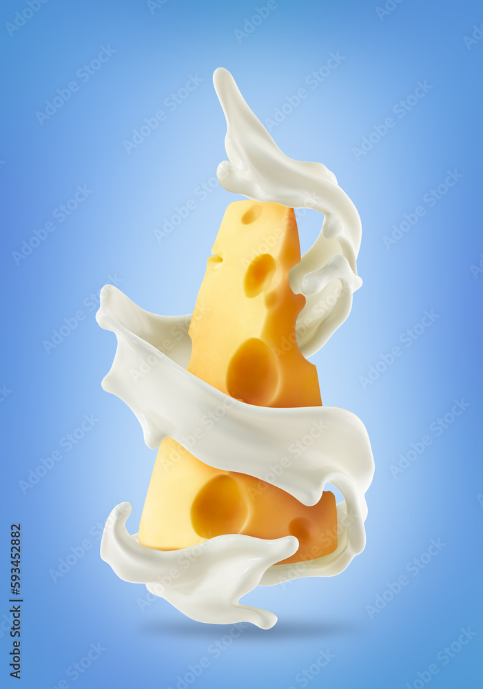 A piece of cheese with milk splash on blue background